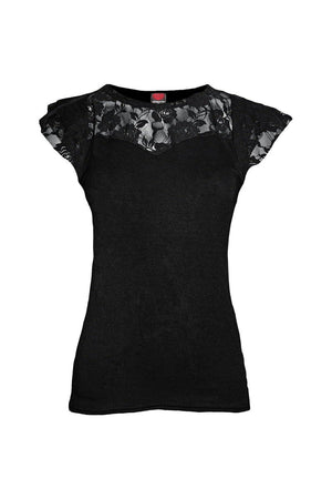 Gothic Elegance - Lace Layered Cap Sleeve Top Black - Dark Fashion Clothing