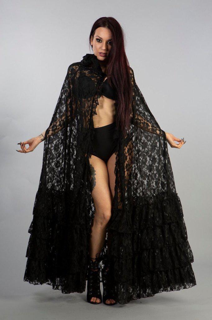 Catherine Cape In Black Lace With Brooch - Burleska - Dark Fashion