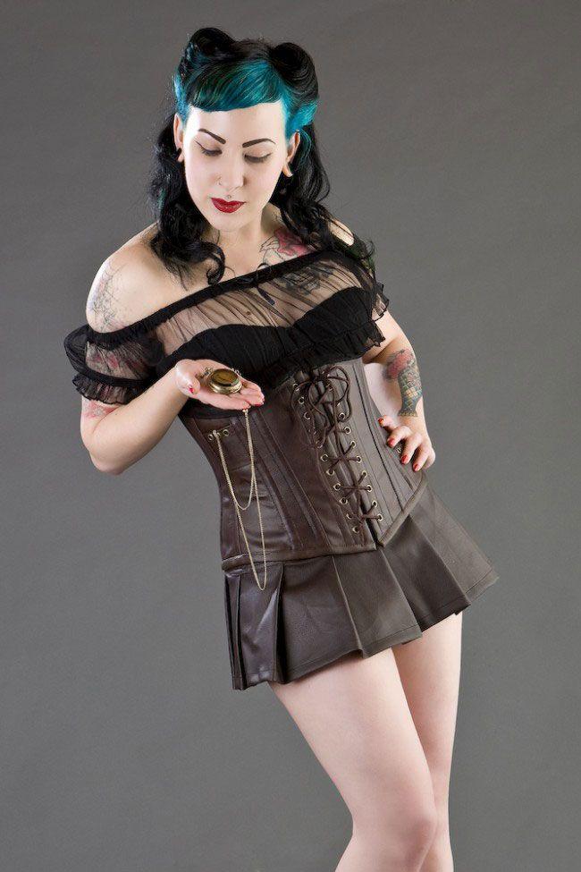 Black Steampunk Underbust Corset With Pocket Watch In Matte Vinyl