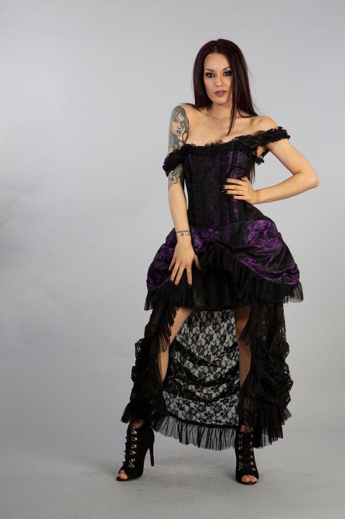 Ophelie Burlesque Corset Dress In Brown Stripe Brocade Black Lace