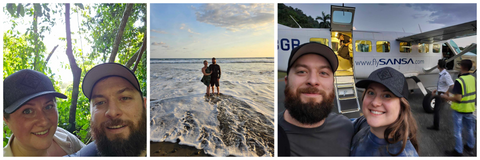 bryan and jessica collage in costa rica beach, jungle, and airplane