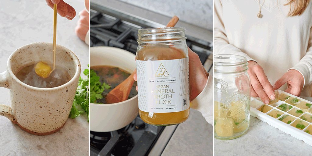 Ways to use broth elixirs - sip like a tea with ghee & herbs, cook grains, & broth ice cubes