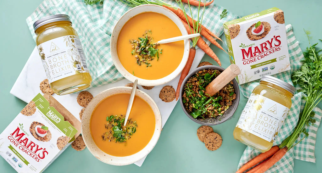 Roasted Carrot Sheet Pan Soup with Mary's Gone Crackers and OWL Chicken Bone Broth Elixir