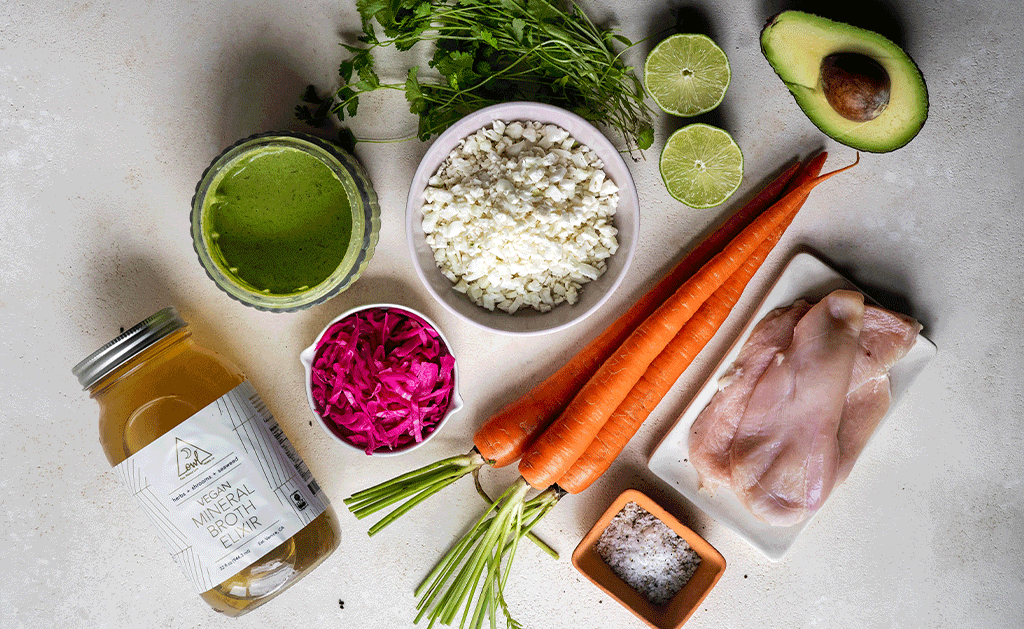 Chicken Cauliflower Bowl Ingredients - Vegan Mineral Broth, chicken, cualiflower, avocado, carrots, cilantro...