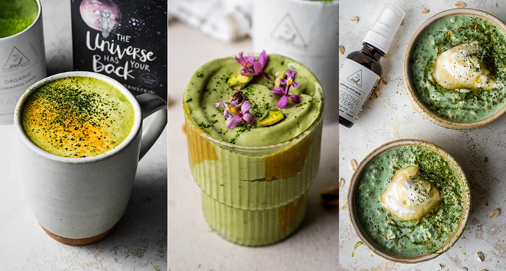 Golden Matcha Latte, Matcha Pistachio Butter Smoothie, and Matcha Overnight Oats