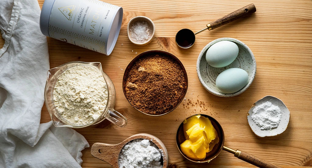 Ingredients for OWL's Matcha Crinkle Cookies - Organic Matcha Powder, eggs, gluten-free flour...