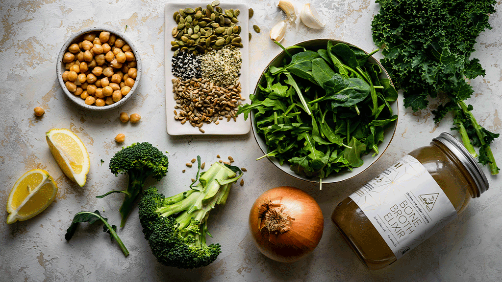 Nourishing Green Soup Ingredients - OWL Chicken borth elixir, broccoli, chickpeas...