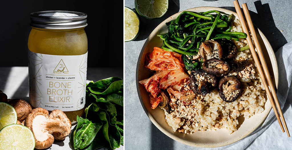 OWL Chicken Bone Broth Elixir + Kimchi Grain Bowl