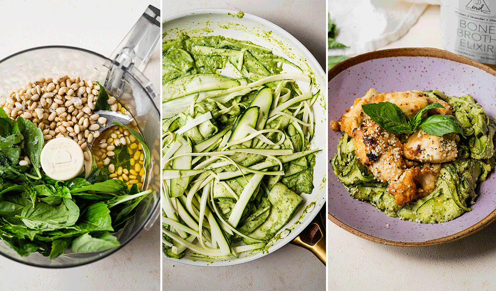 Process of making Pesto Zoodles with Crispy Air Fried Chicken