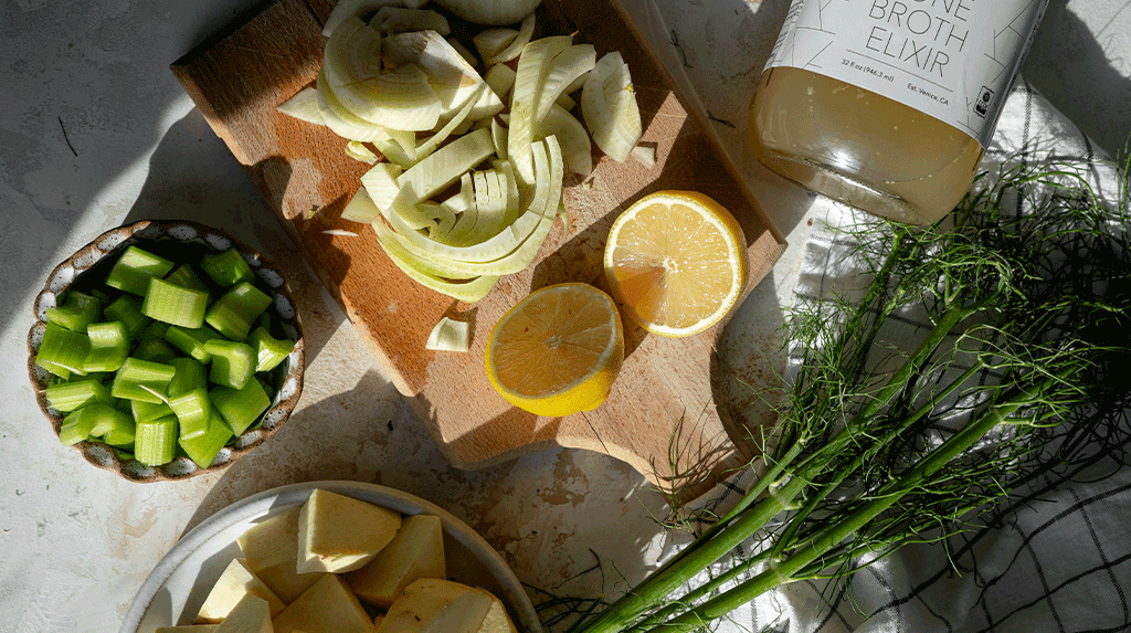Salmon & Fennel Soup Ingredients — Fennel, Celery, Lemon, Sweet Potato