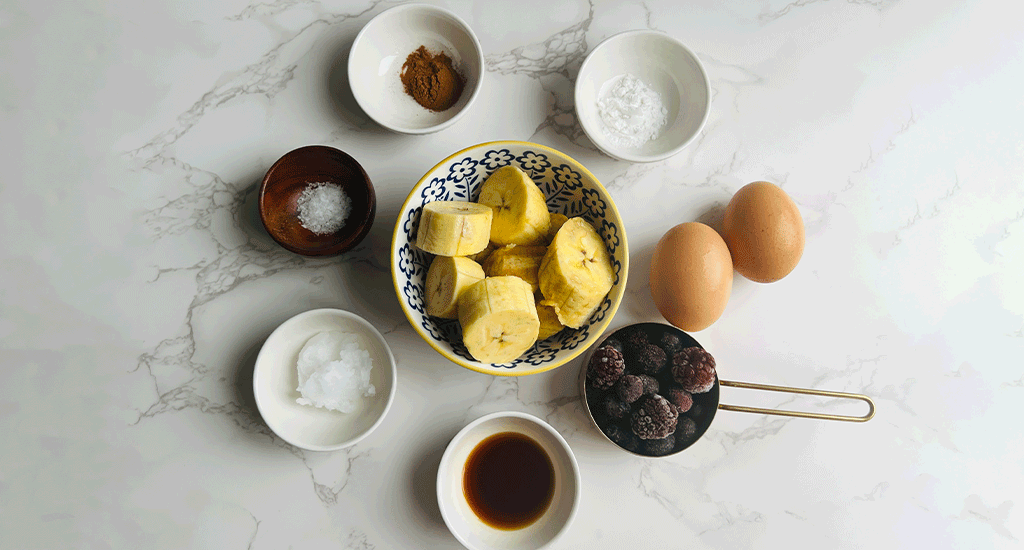 Blender plantain pancakes ingredients on counter