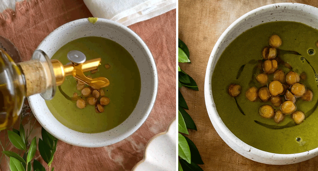 drizzling olive oil on a bowl of creamy broccolini & spinach soup topped with crispy chickpeas