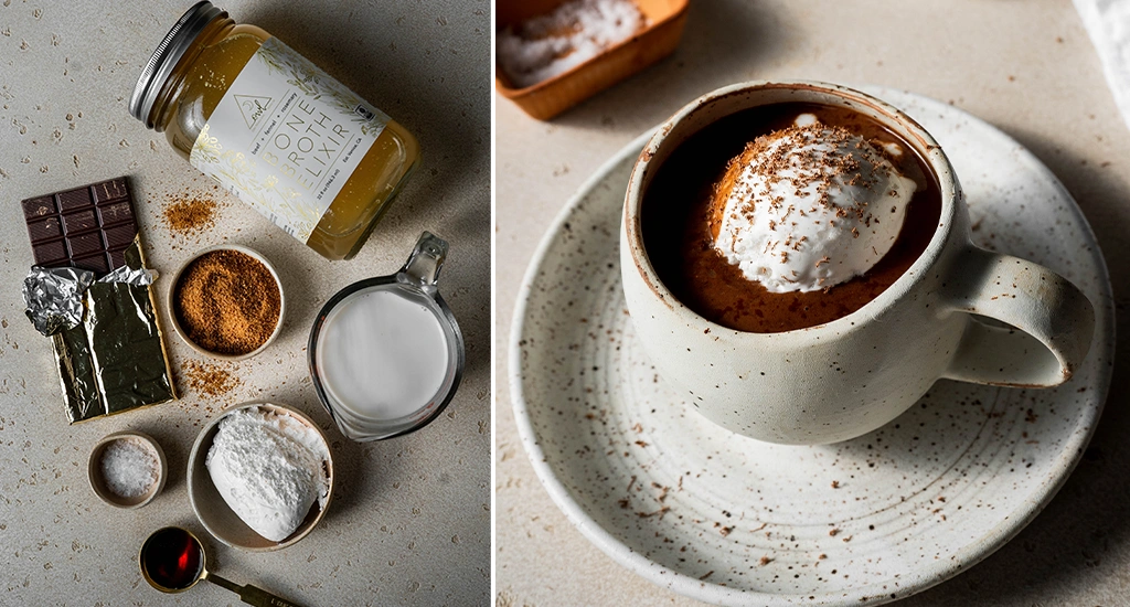 OWL Beef Bone Broth Elixir, dark chocolate, coconut sugar, cashew milk, salt - hot chocolate