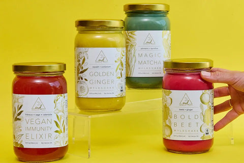 A variety of flavored bone broth and mylkshakes, highlighting antioxidant herbs for broth.