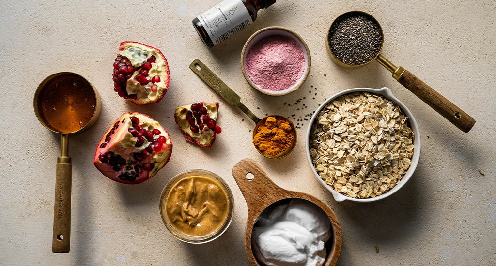 Ingredients for Turmeric & Pomegranate Overnight Oats + Yeast Buster