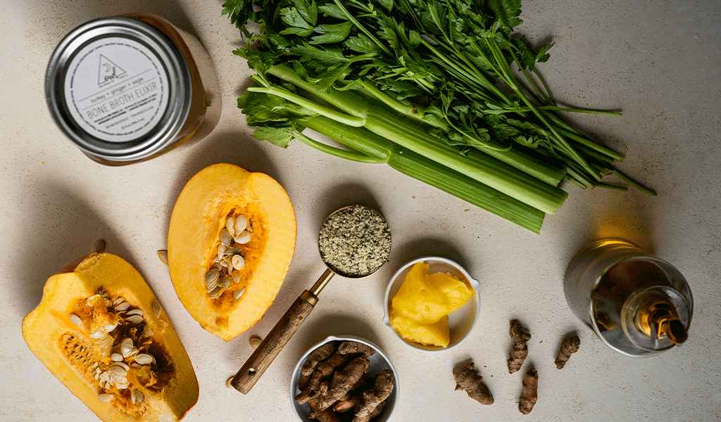 Pumpkin Soup Ingredients — pumpkin, raw hemp seeds, turmeric root, Turkey Bone Broth Elixir, and more...