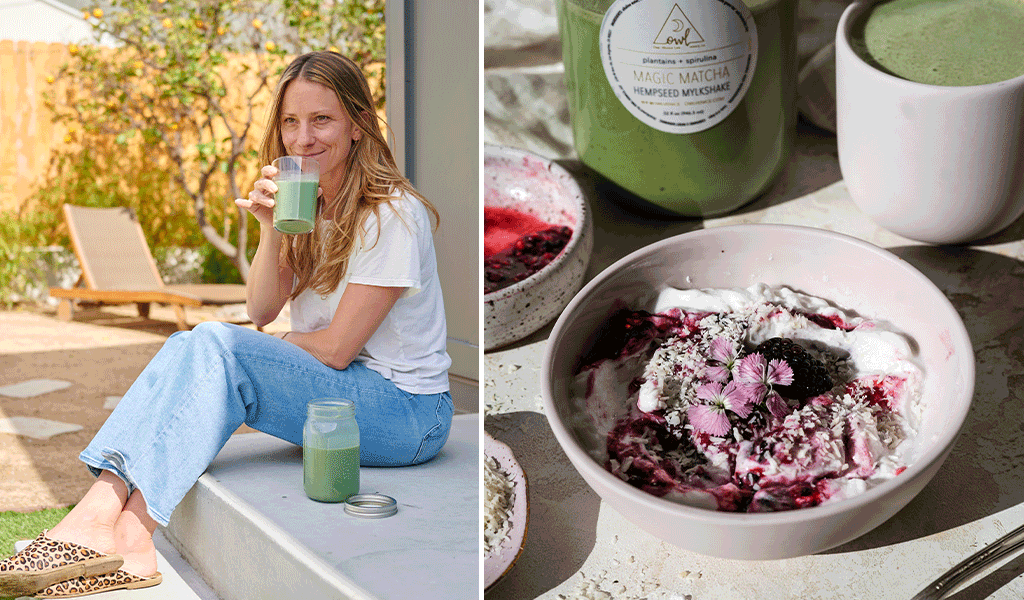 Lindsey drinking Magic Matcha, hemp mylkshake on the porch and reset friendly recipe Coconut yogurt sweetened with monk fruit and topped with fresh berries and toasted coconut