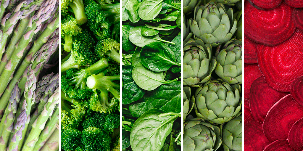 Spring Veggies that help heal your gut — Asparagus, broccoli, spinach, artichoke, and beets