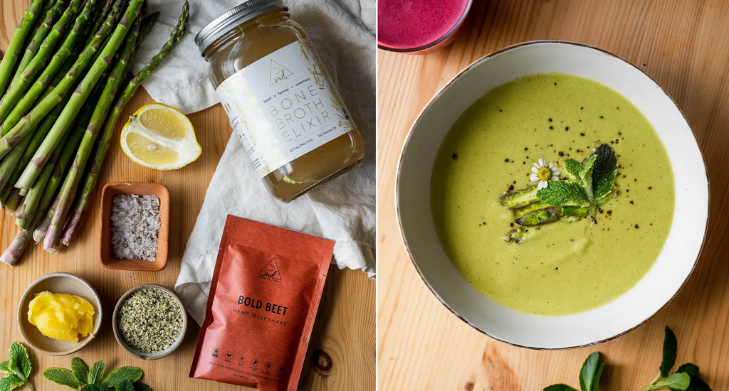 Creamy Asparagus Soup with OWL Beef Bone Broth Elixir, Bold Beet Mylkshake, hempseeds, and lemon