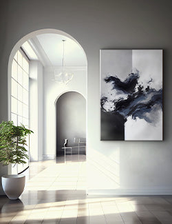 A well lit hallway with an abstract painting on the wall