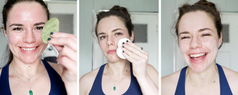 3 Split photos of a women smiling, and mid skincare routine