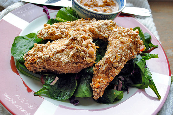 Peanut Butter Chicken Strips with a Pretzel Crust