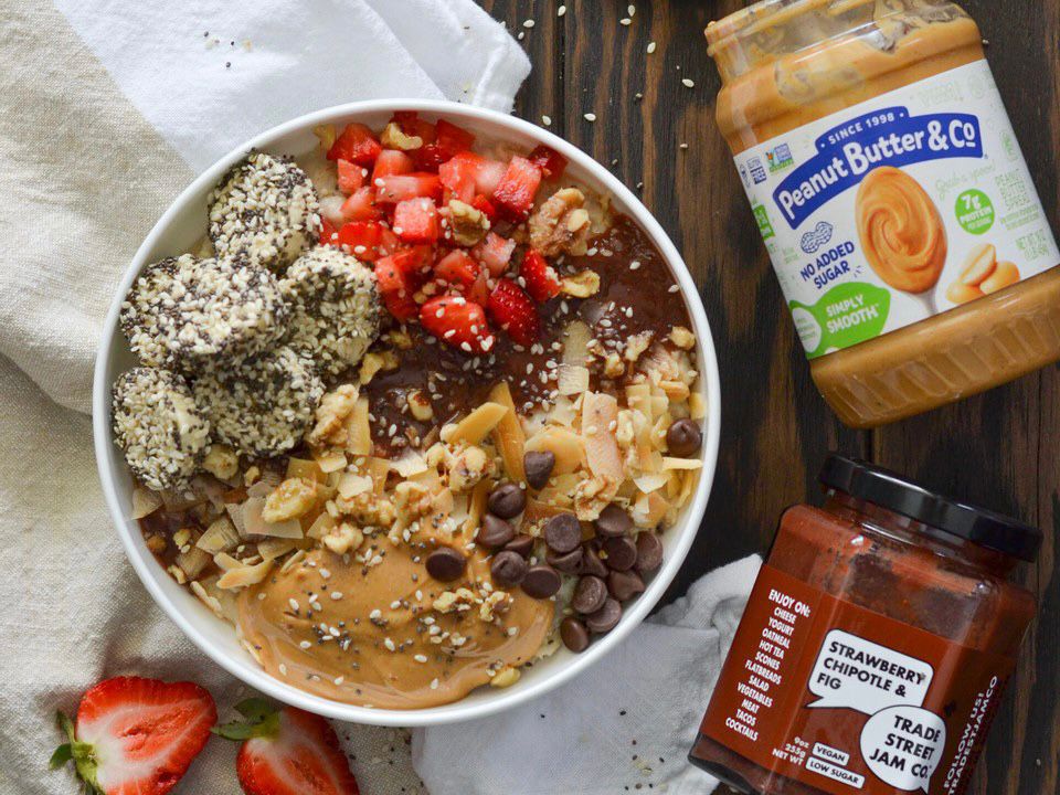 Peanut Butter and Strawberry Chipotle & Fig Jam Oatmeal Bowl