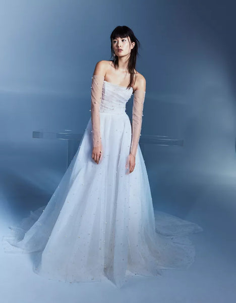 Melody Alyne Bridal Novelle Vancouver Strapless ball gown with detachable sleeves tulle pearl