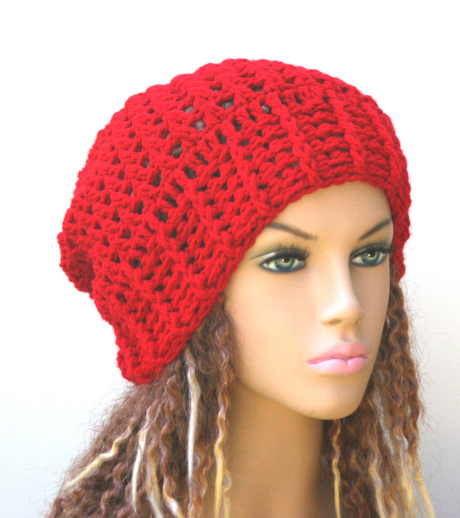 Red slouchy beanie, holly berry red beanie hat, crochet baggy Hat, wom