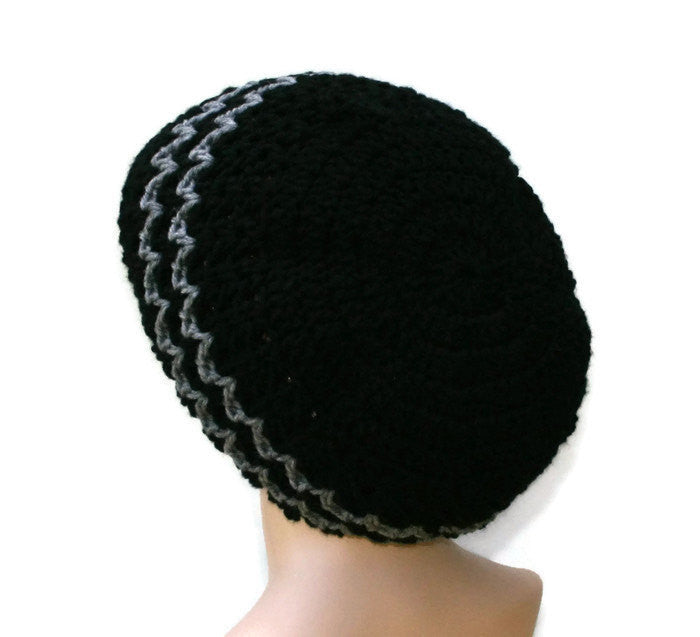 Black gray slouchy beanie, smaller Hippie Dread Tam Hat, crochet beani ...