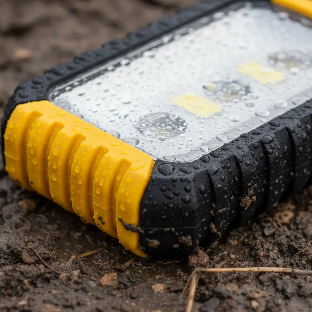 Durable waterproof work light in a rainy setting