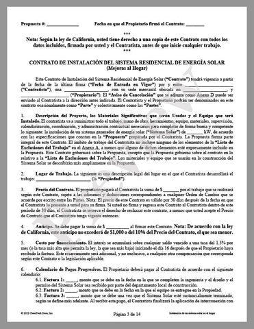 Residential Solar System Installation Agreement (CA) - Translated in Spanish | CleanTech Docs