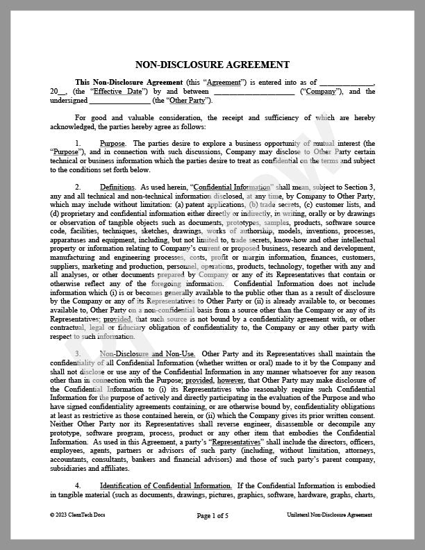 Non-Disclosure Agreement ("NDA") for Business Discussions (Unilateral)