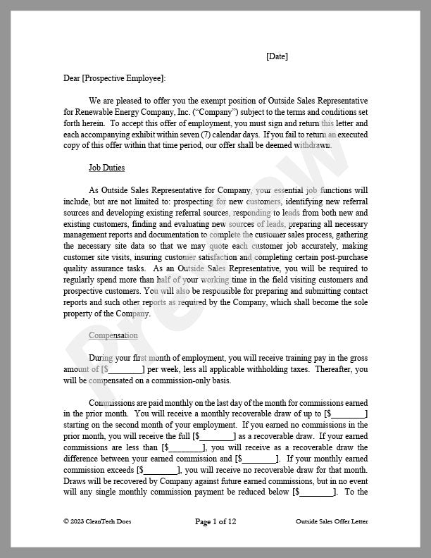 Outside Sales Offer Letter with Recoverable Draw CleanTech Docs