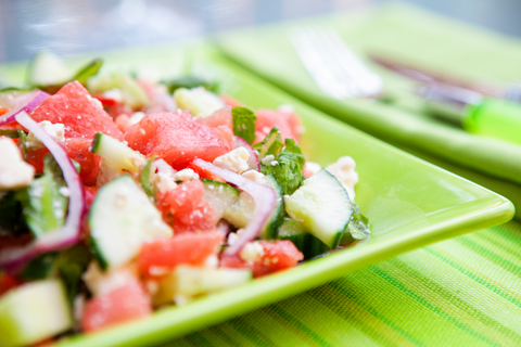 Salad: juicy melon, crunchy cucumber, tangy feta, nutty pistachios, and kick of jalapeno 