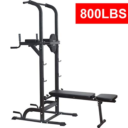 Power Tower Station High Capacity 800lbs w/Weight Sit Up Bench Adjustable Height Heavy Duty Steel Multi-Function Fitness Pull Up Chin Up Tower Equipment for Home Gym Dip Stands (Black)