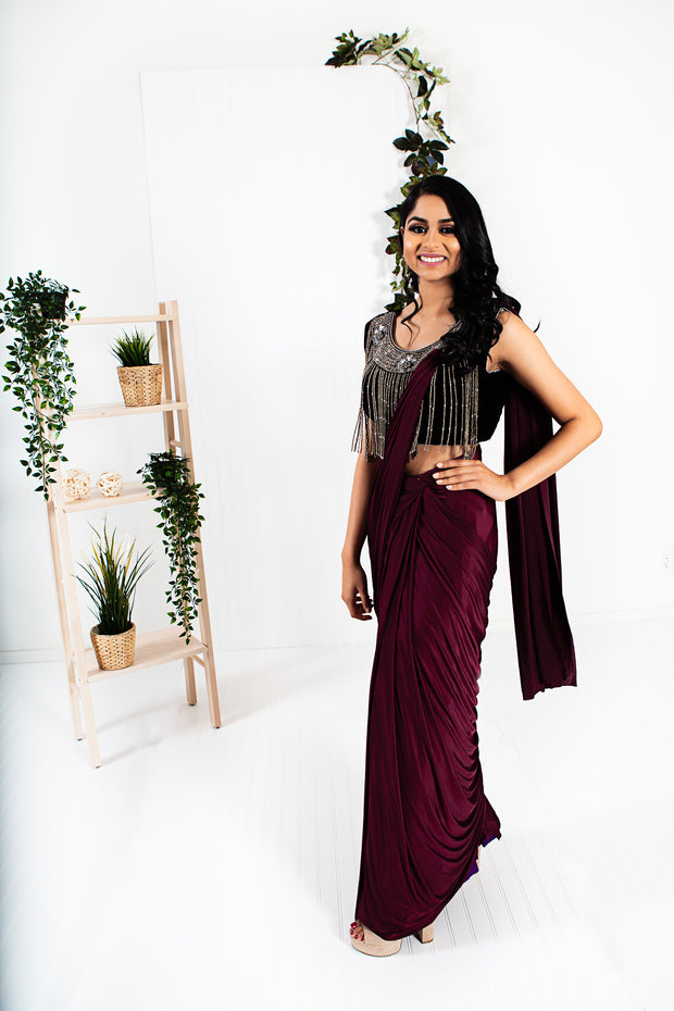 Designer Maroon Color Pre Drape Ready To Wear Saree With Hand Work