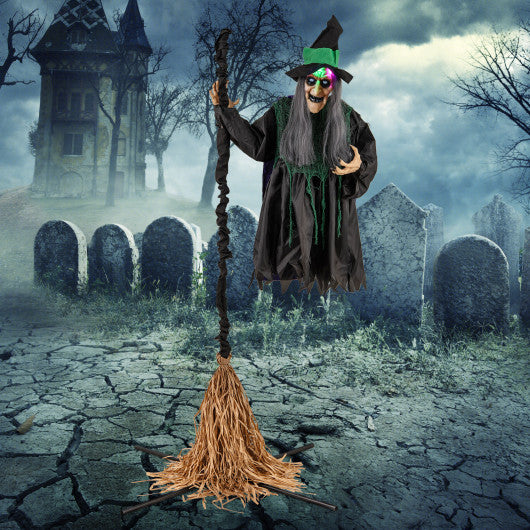 7 Feet Witch on Broom Halloween Animatronic with LED Lights - Image 6