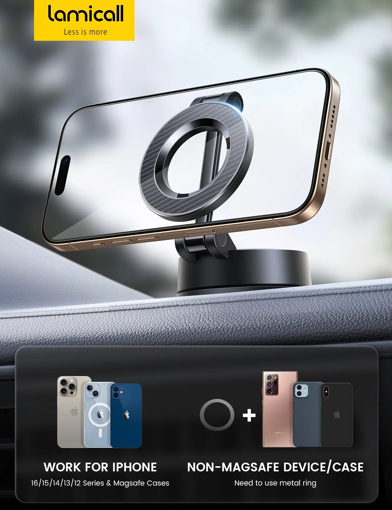 Lamicall pour support magnétique de voiture à aspiration puissante, rotation à 360°, support de téléphone pour tableau de bord, pare-brise, camion, pour iPhone 16 Pro Max