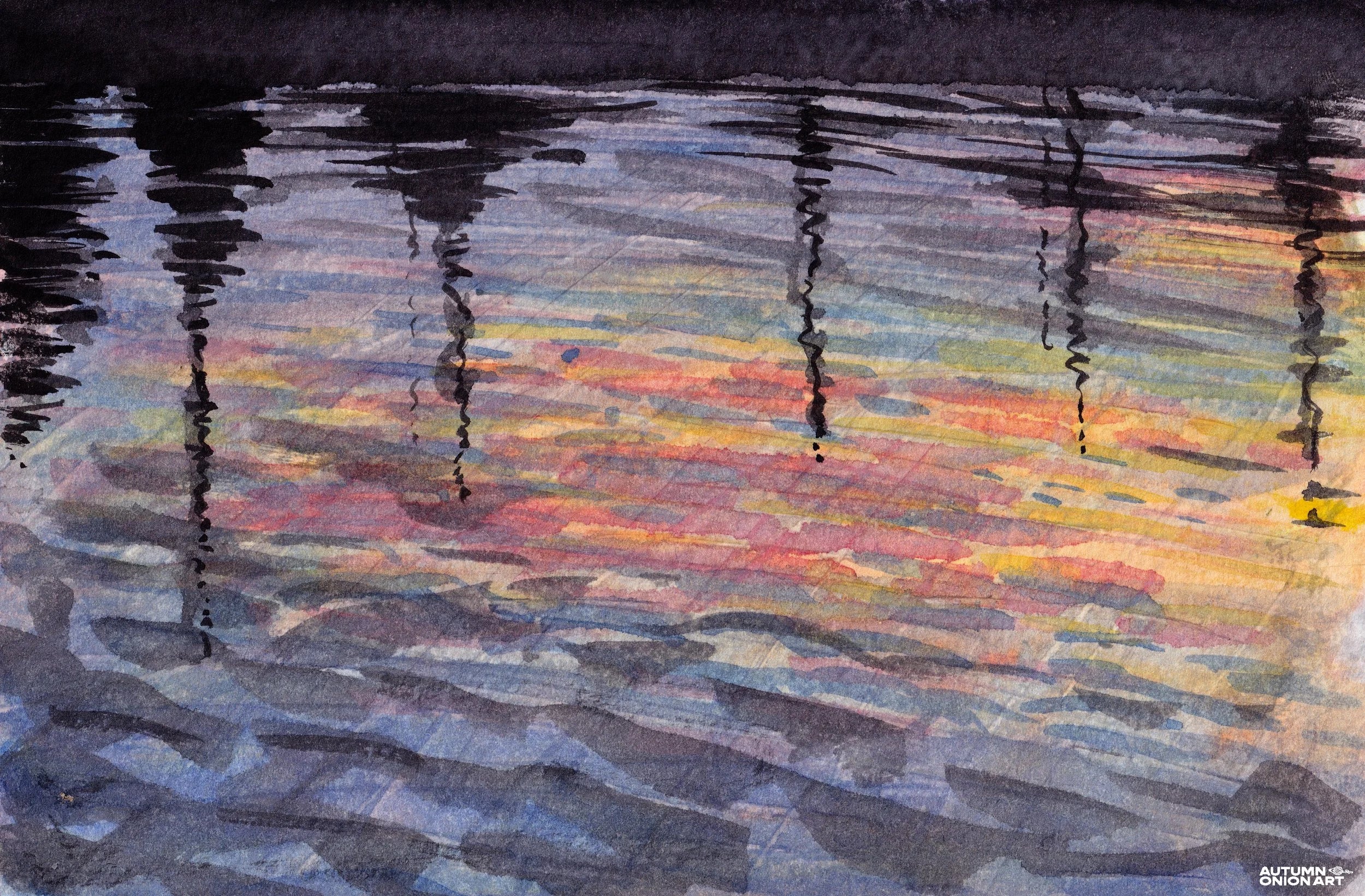   ‘Copenhagen Sunset Lake Reflections’ (watercolour on paper, 2023)  