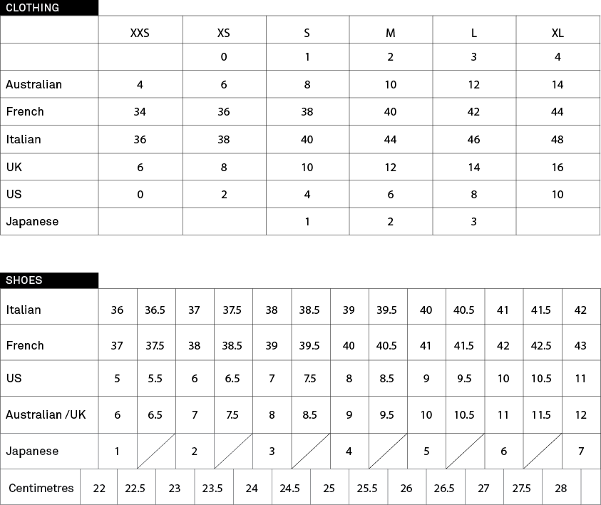 Y 3 Size Chart