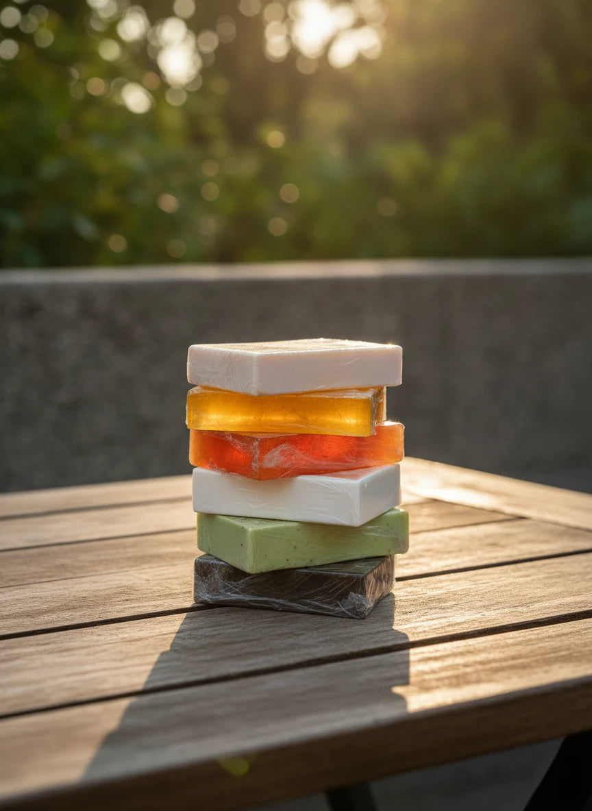 Urban Tree Organic Soap collection stacked natural soap bars in multiple colors – handmade organic soaps in Pakistan