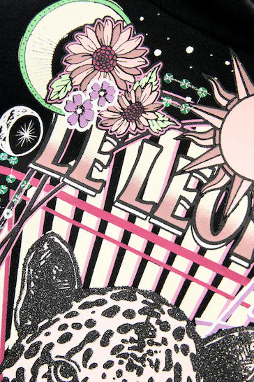 Girl Conjunto De Moletom Com Capuz Estampado De Leopardo Preto e Leg