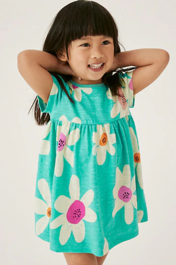 |BigGirl| Vestido Manga Curta De Malha De Algodão - Blue Flowers (3 meses a 7 anos)