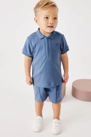 |BigBoy| Conjunto De Shorts E Camisa Polo Manga Curta Com Gola e Zíper -  Blue (3 meses a 7 anos)