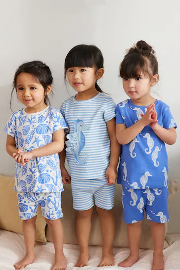 |BigGirl| Pacote Com 3 Pijamas Curtos - Blue Seahorse (3-16 anos)