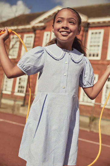 |BigGirl| Vestido De Gola Xadrez De Algodão Rico Escolar - Blue (3-14 anos)