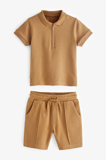 |BigBoy| Conjunto De Shorts E Camisa Polo Manga Curta Com Gola e Zíper - Tan Brown (3 meses a 7 anos)