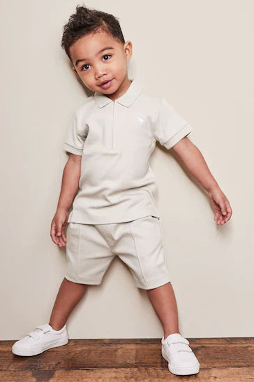 |BigBoy| Conjunto De Shorts E Camisa Polo Manga Curta Com Gola e Zíper -  Neutral Cream (3 meses a 7 anos)