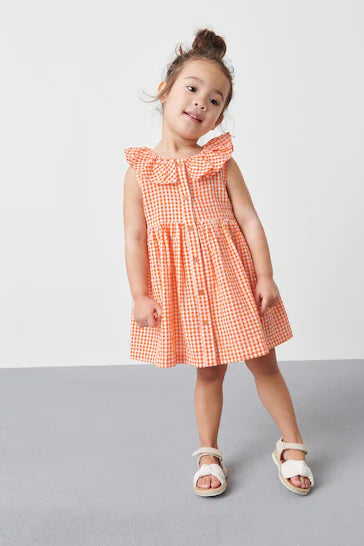 |BigGirl| Vestido Com Gola Plissada - Orange Gingham (3 meses a 8 anos)